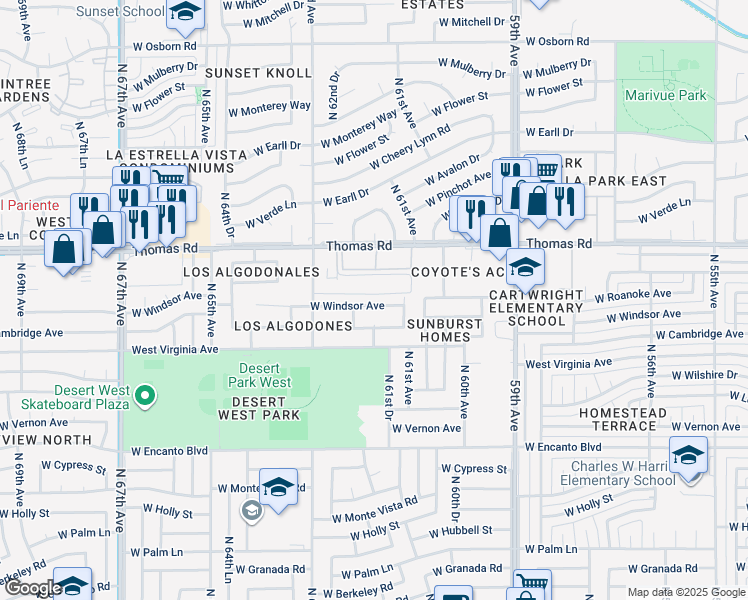 map of restaurants, bars, coffee shops, grocery stores, and more near 6132 West Windsor Avenue in Phoenix