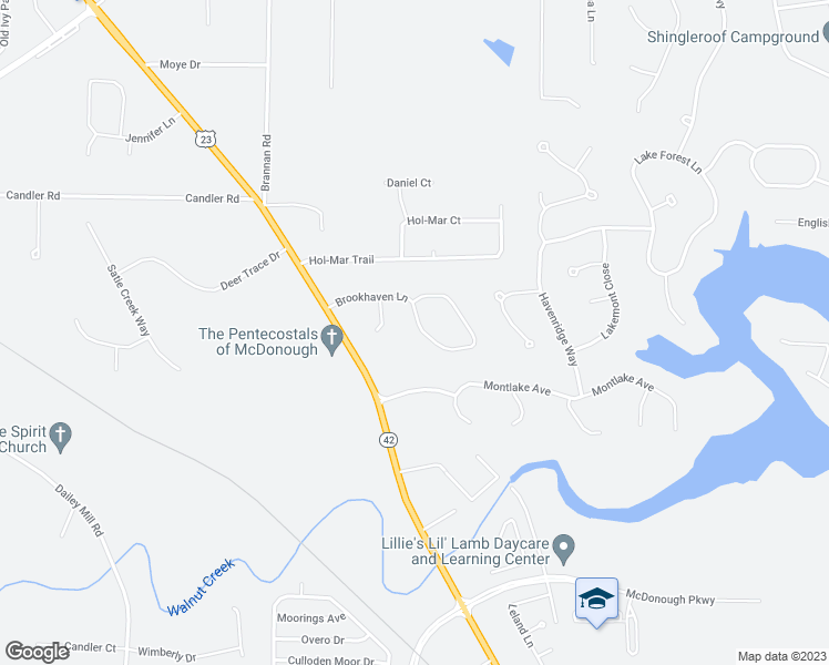 map of restaurants, bars, coffee shops, grocery stores, and more near 118 Brookhaven Lane in McDonough