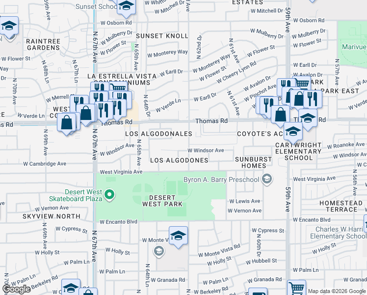 map of restaurants, bars, coffee shops, grocery stores, and more near 6308 West Windsor Avenue in Phoenix