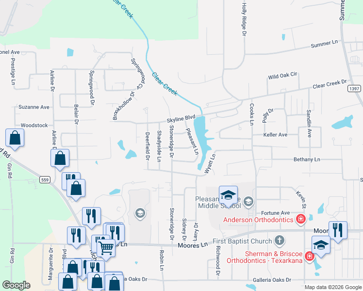 map of restaurants, bars, coffee shops, grocery stores, and more near 3706 Pinoak Street in Texarkana