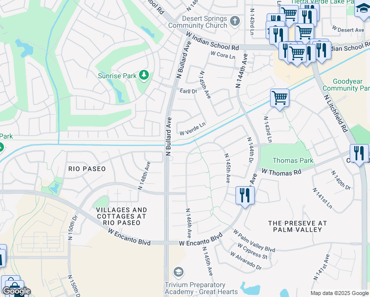map of restaurants, bars, coffee shops, grocery stores, and more near 14634 West Windward Avenue in Goodyear