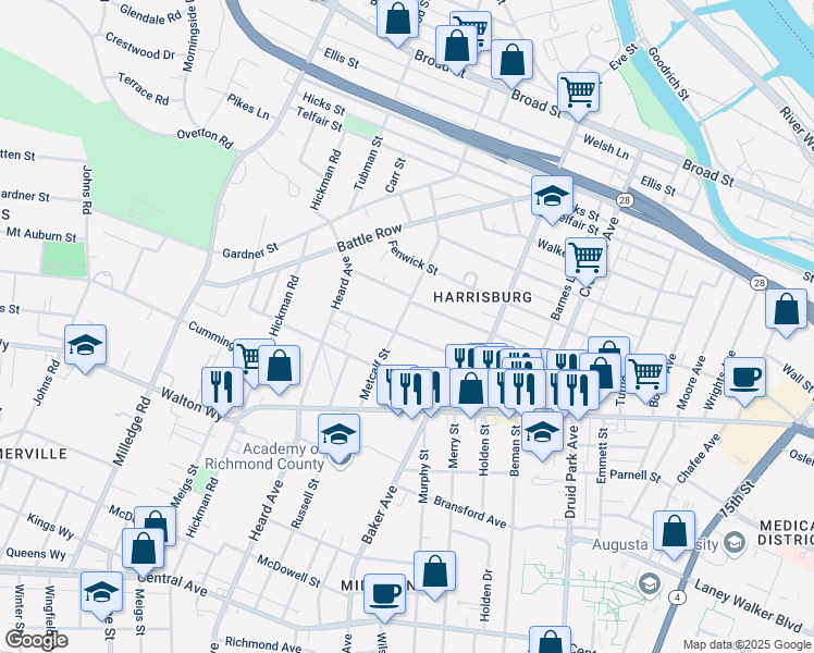 map of restaurants, bars, coffee shops, grocery stores, and more near 2003 Warren Street in Augusta
