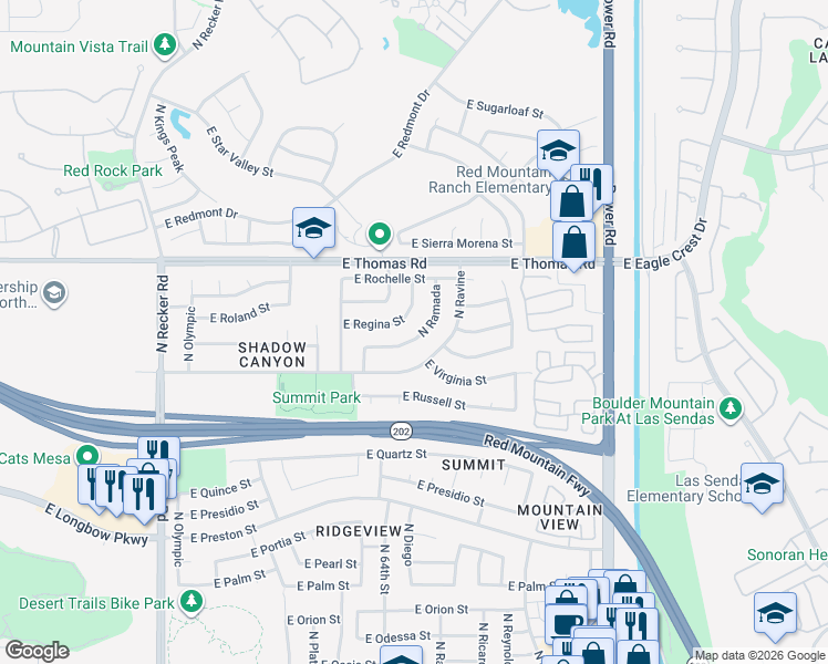 map of restaurants, bars, coffee shops, grocery stores, and more near 3504 N Ramada in Mesa