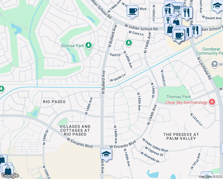 map of restaurants, bars, coffee shops, grocery stores, and more near 14634 West Windward Avenue in Goodyear