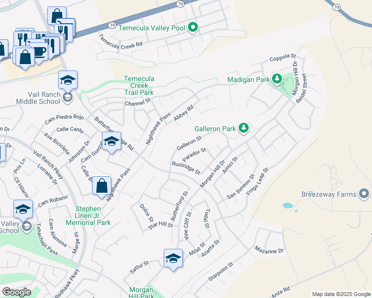 map of restaurants, bars, coffee shops, grocery stores, and more near 33919 Galleron Street in Temecula