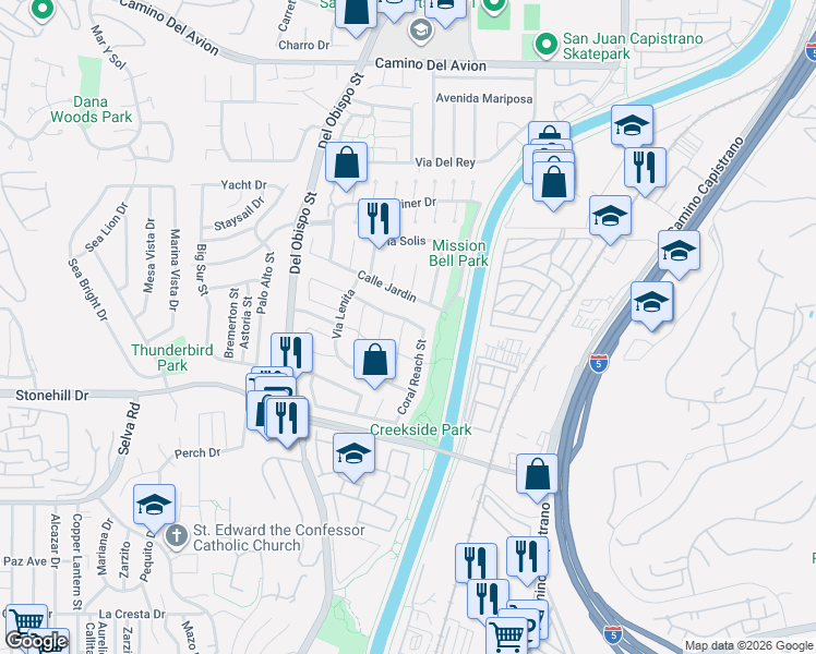 map of restaurants, bars, coffee shops, grocery stores, and more near 33342 Breezy Place in Dana Point