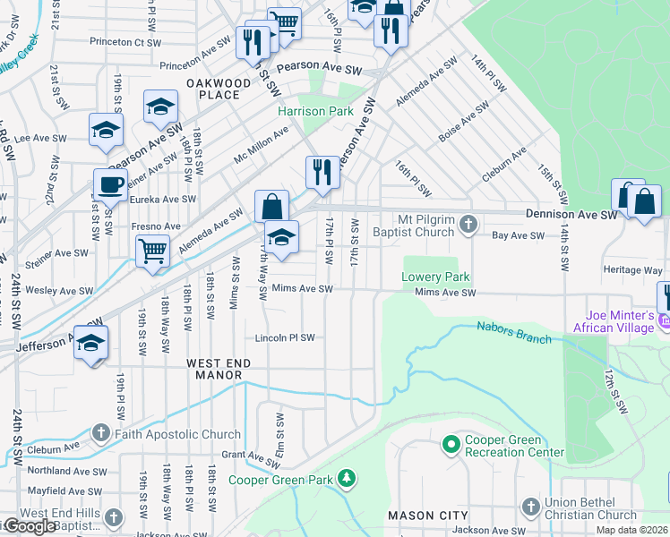 map of restaurants, bars, coffee shops, grocery stores, and more near 1425 17th Place Southwest in Birmingham