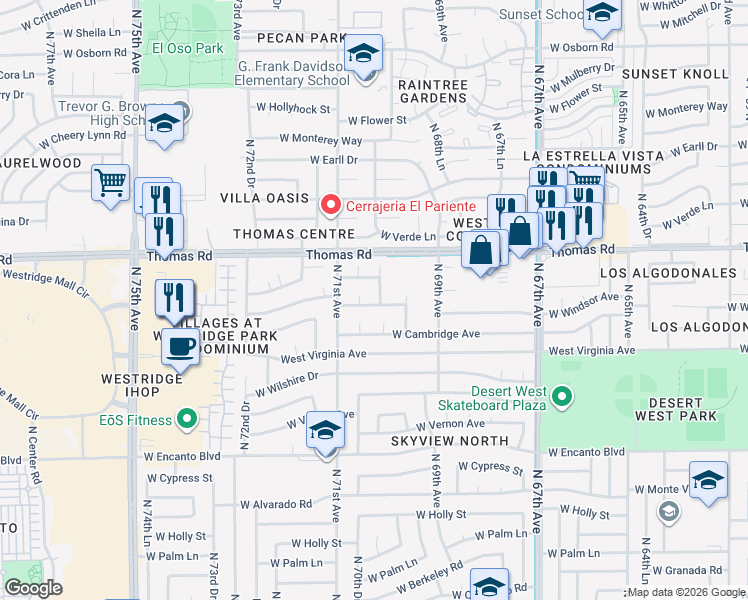 map of restaurants, bars, coffee shops, grocery stores, and more near 2802 North 70th Avenue in Phoenix