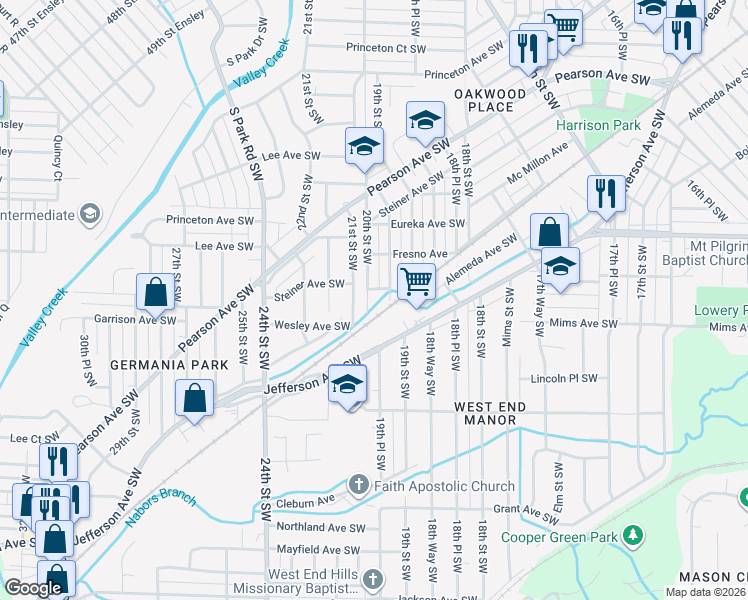 map of restaurants, bars, coffee shops, grocery stores, and more near 1109 20th Street Southwest in Birmingham