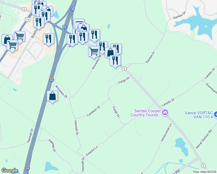 map of restaurants, bars, coffee shops, grocery stores, and more near 192 Fargo Drive in Santee
