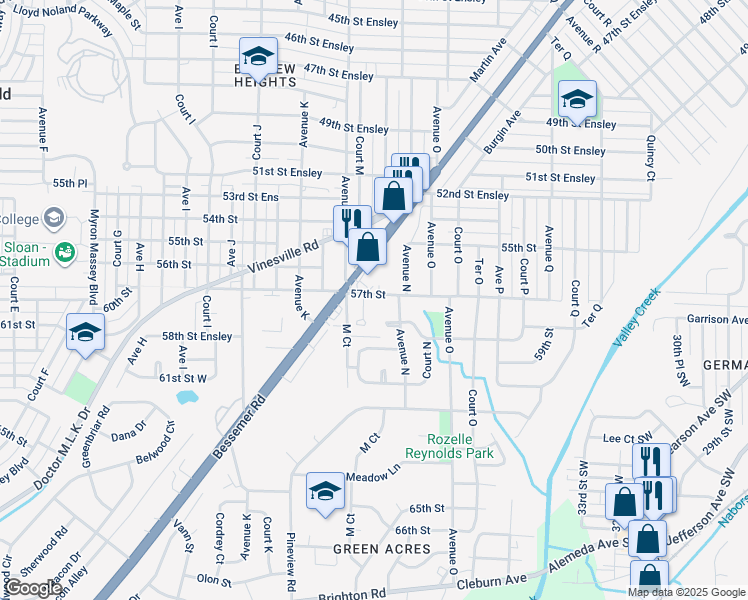 map of restaurants, bars, coffee shops, grocery stores, and more near 1323 57th Street in Birmingham