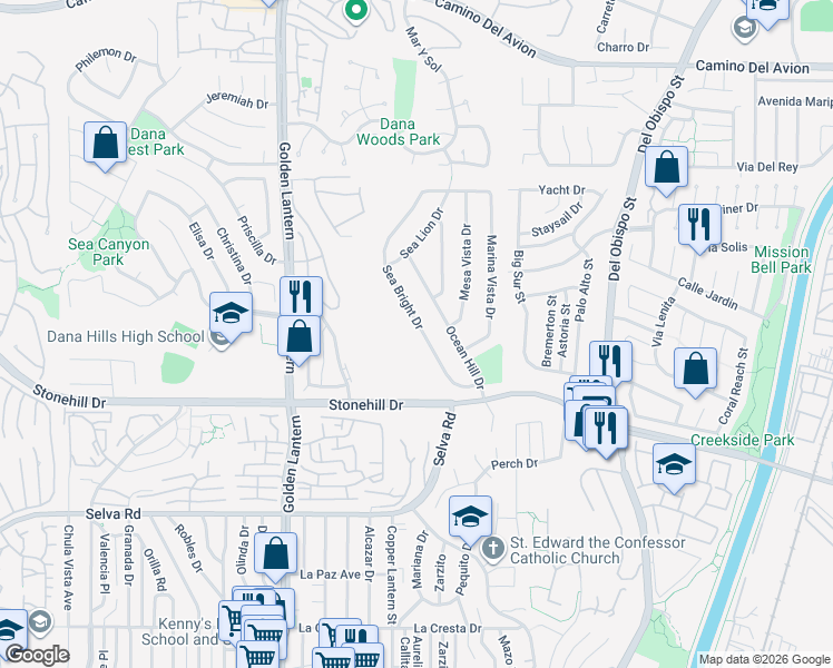 map of restaurants, bars, coffee shops, grocery stores, and more near 33351 Sea Bright Drive in Dana Point