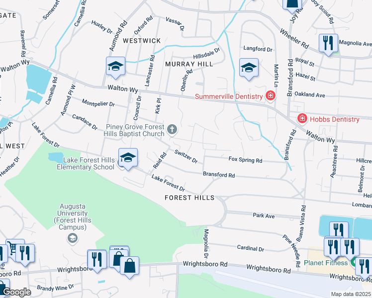 map of restaurants, bars, coffee shops, grocery stores, and more near 3102 Cawley Court in Augusta