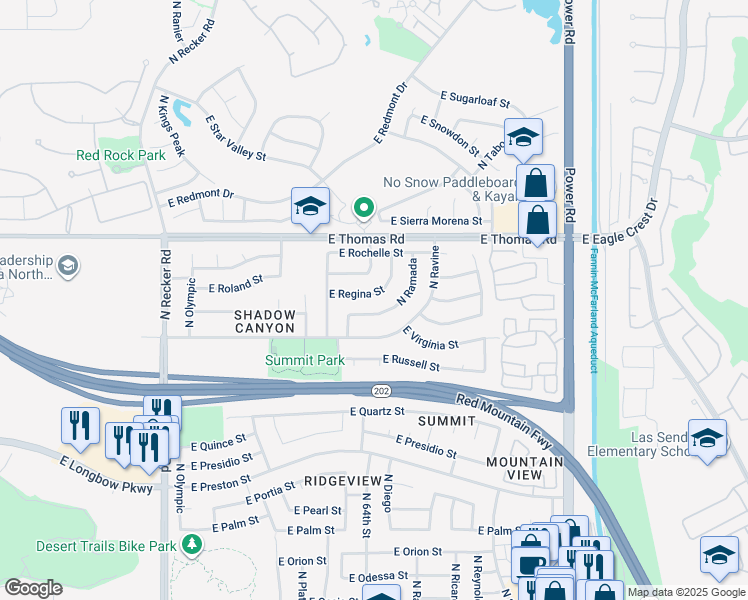 map of restaurants, bars, coffee shops, grocery stores, and more near 6345 East Regina Street in Mesa