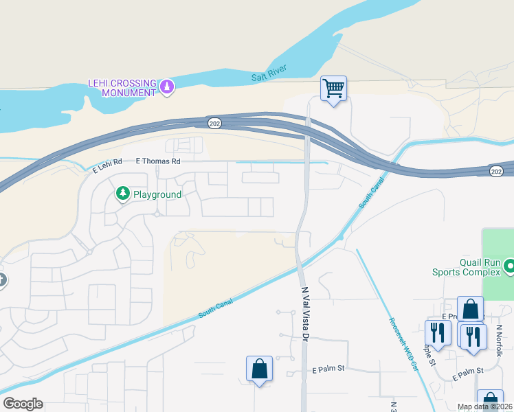 map of restaurants, bars, coffee shops, grocery stores, and more near 3446 North Mayfair in Mesa