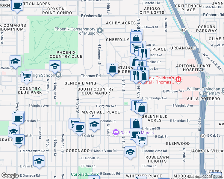 map of restaurants, bars, coffee shops, grocery stores, and more near 1410 East Windsor Avenue in Phoenix