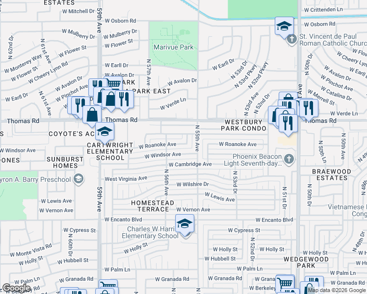 map of restaurants, bars, coffee shops, grocery stores, and more near 5525 West Roanoke Avenue in Phoenix