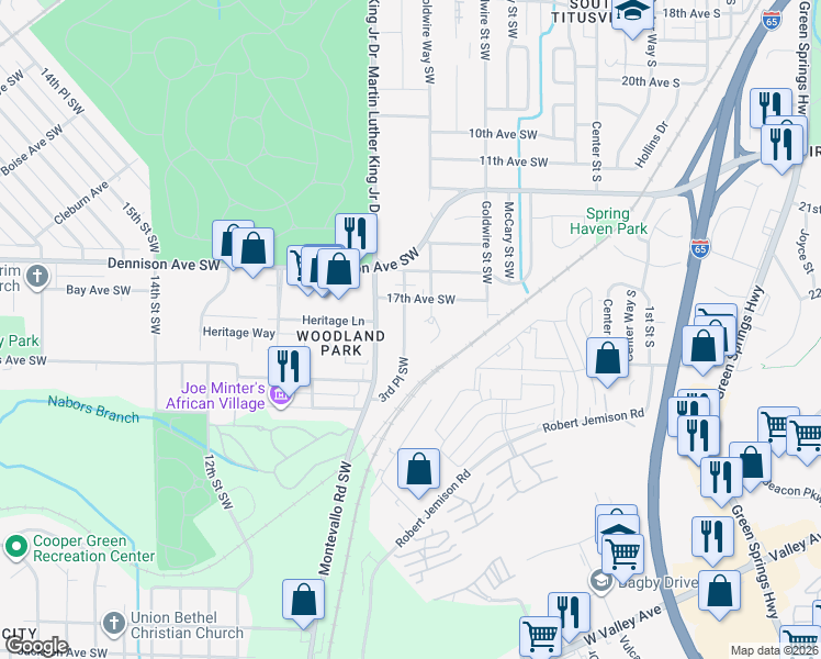 map of restaurants, bars, coffee shops, grocery stores, and more near 1725 3rd Place Southwest in Birmingham