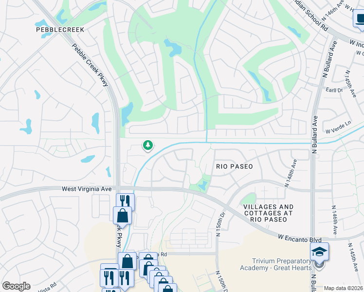 map of restaurants, bars, coffee shops, grocery stores, and more near 15234 West Windward Avenue in Goodyear