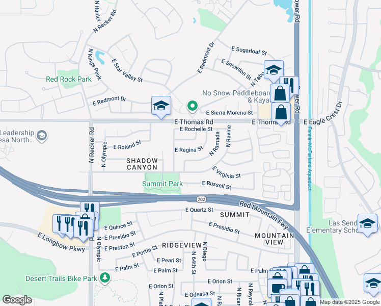 map of restaurants, bars, coffee shops, grocery stores, and more near 6345 East Regina Street in Mesa
