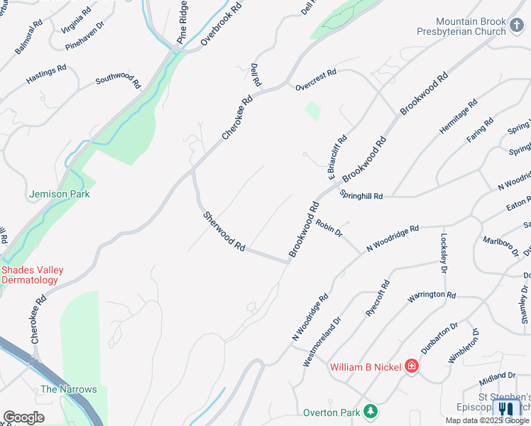 map of restaurants, bars, coffee shops, grocery stores, and more near 3016 Woodleigh Road in Birmingham