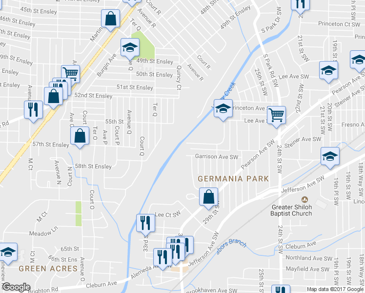 map of restaurants, bars, coffee shops, grocery stores, and more near 2957 Steiner Court Southwest in Birmingham