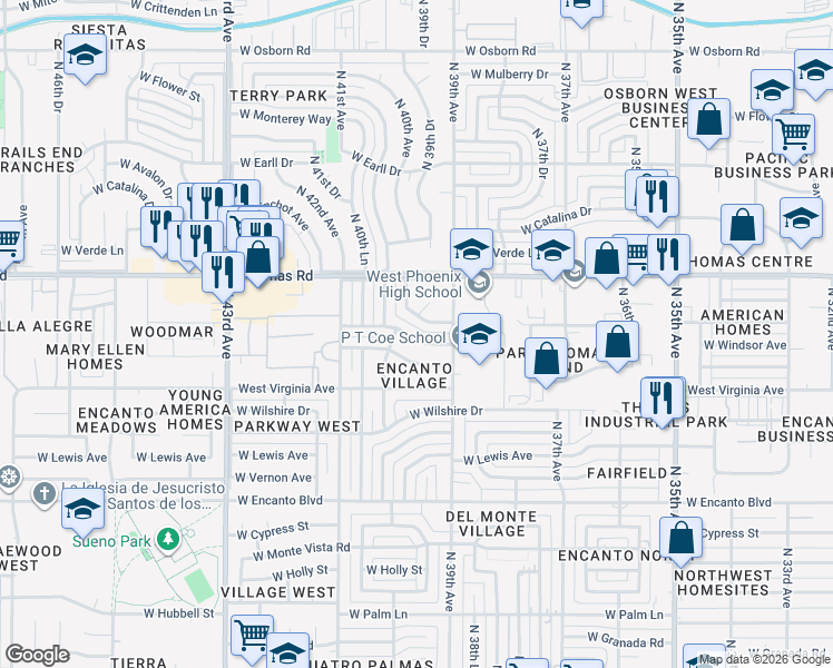 map of restaurants, bars, coffee shops, grocery stores, and more near 3934 West Windsor Avenue in Phoenix