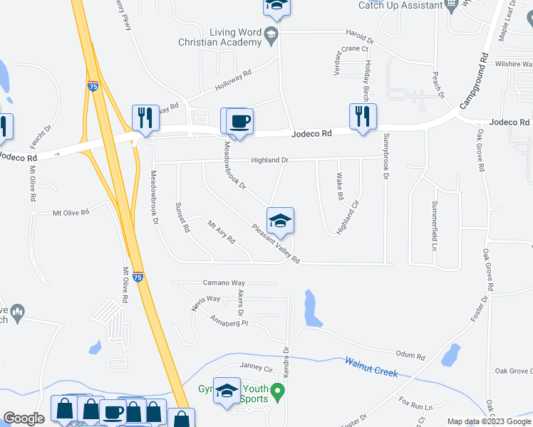 map of restaurants, bars, coffee shops, grocery stores, and more near 365 Meadowbrook Drive in McDonough