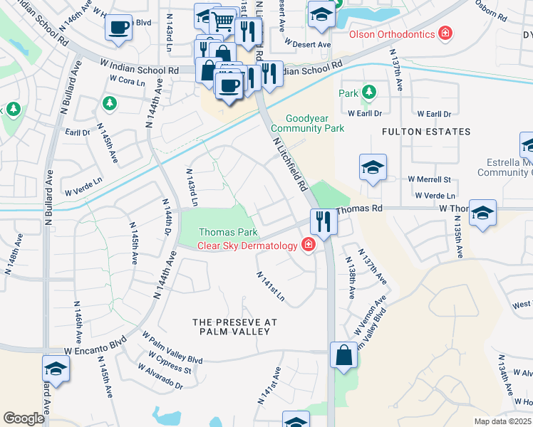 map of restaurants, bars, coffee shops, grocery stores, and more near 14079 West Edgemont Avenue in Goodyear