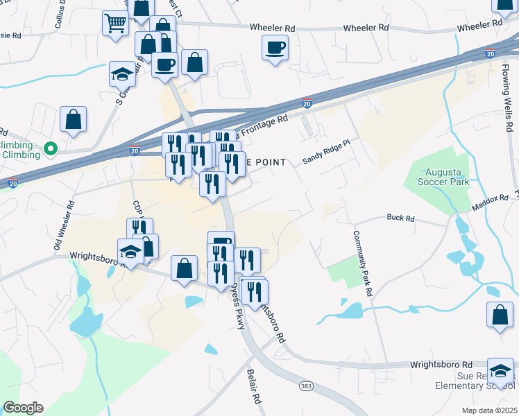 map of restaurants, bars, coffee shops, grocery stores, and more near 4386 West Maysfield Drive in Augusta