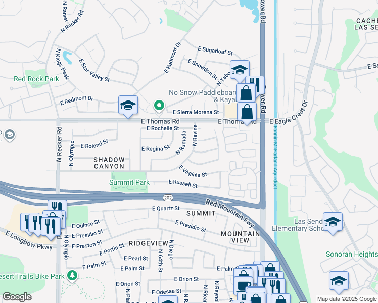 map of restaurants, bars, coffee shops, grocery stores, and more near 3446 North Ravine in Mesa