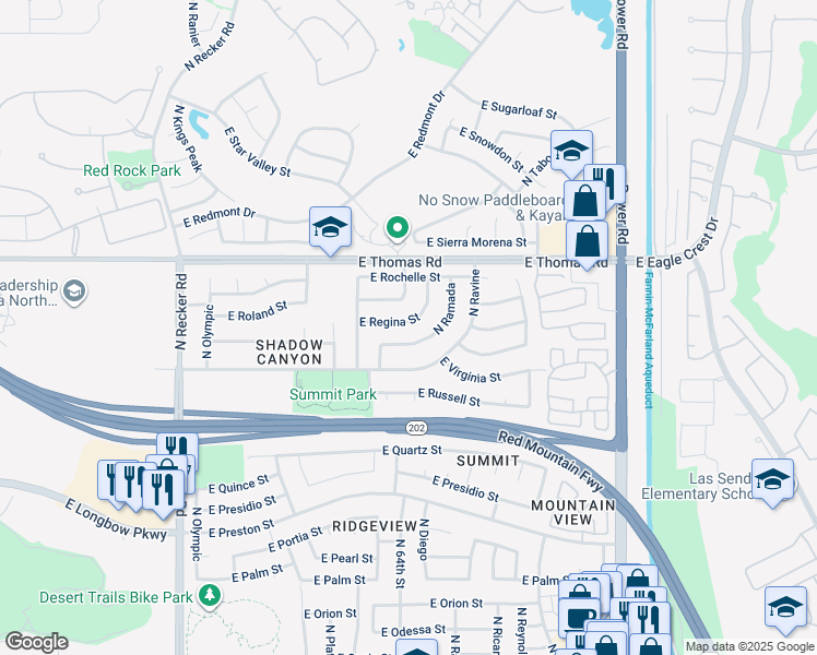 map of restaurants, bars, coffee shops, grocery stores, and more near 6345 East Regina Street in Mesa