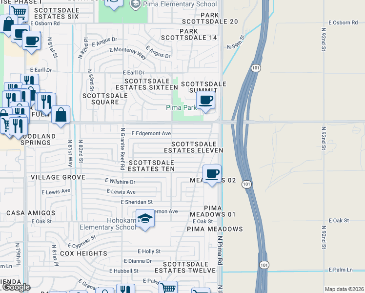map of restaurants, bars, coffee shops, grocery stores, and more near 8607 East Roanoke Avenue in Scottsdale