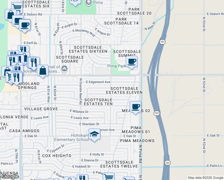 map of restaurants, bars, coffee shops, grocery stores, and more near 8607 East Roanoke Avenue in Scottsdale