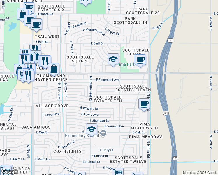 map of restaurants, bars, coffee shops, grocery stores, and more near 8529 East Roanoke Avenue in Scottsdale