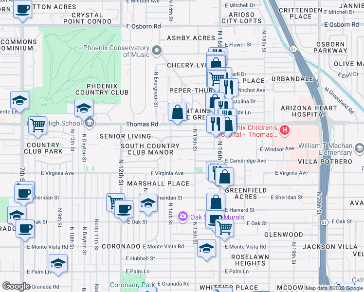 map of restaurants, bars, coffee shops, grocery stores, and more near 1410 East Windsor Avenue in Phoenix
