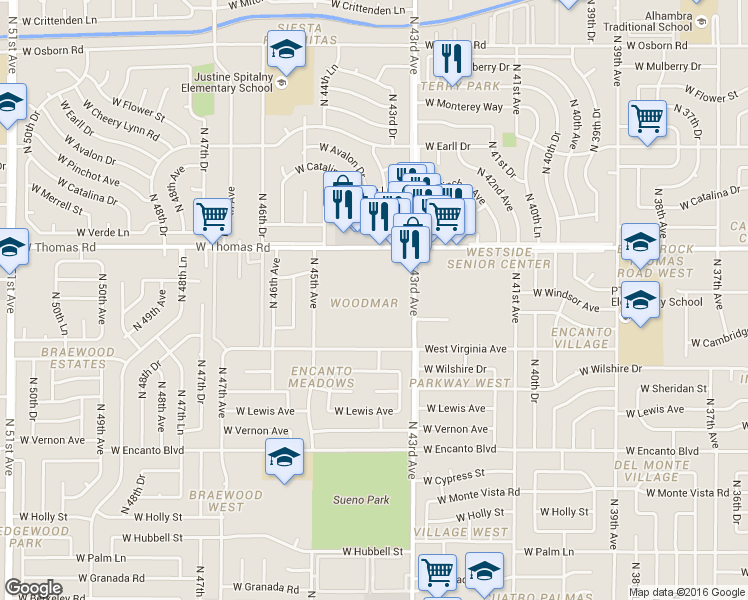 map of restaurants, bars, coffee shops, grocery stores, and more near 2674 North 43rd Avenue in Phoenix