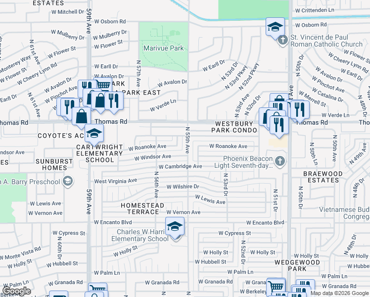 map of restaurants, bars, coffee shops, grocery stores, and more near 2813 North 55th Avenue in Phoenix