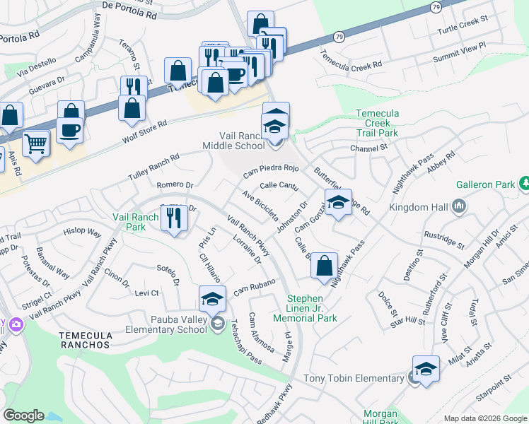 map of restaurants, bars, coffee shops, grocery stores, and more near 33303 Avenue Bicicleta in Temecula