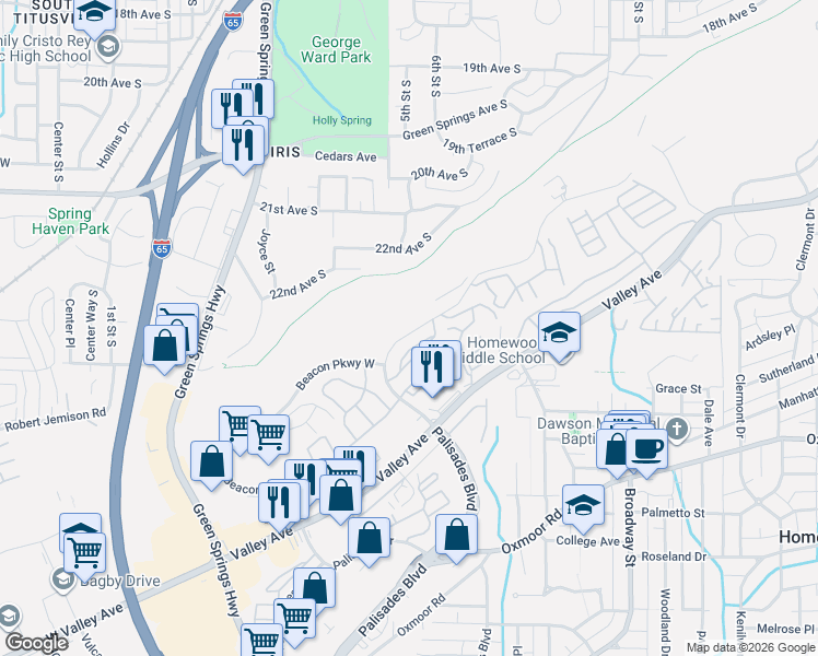 map of restaurants, bars, coffee shops, grocery stores, and more near 858 Beacon Parkway East in Birmingham