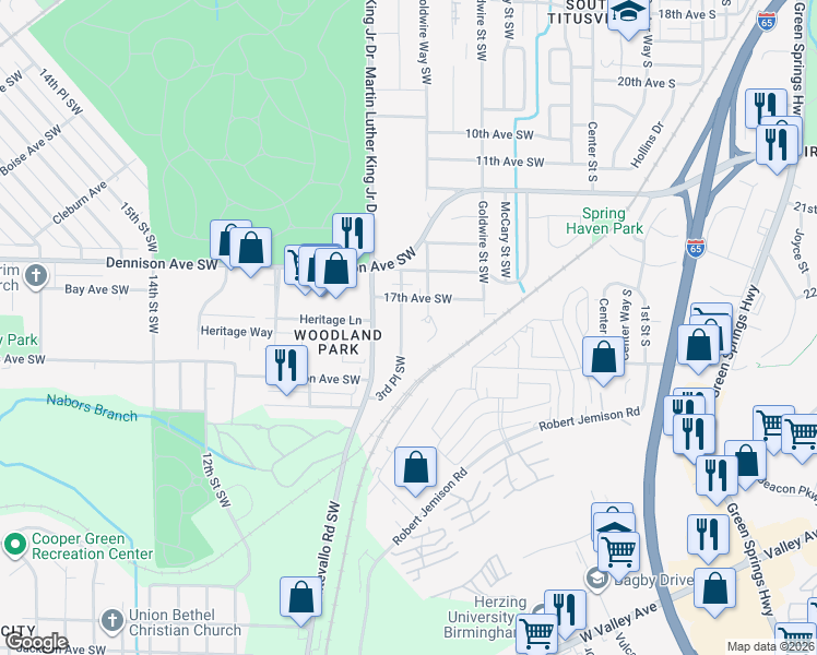 map of restaurants, bars, coffee shops, grocery stores, and more near 1725 3rd Place Southwest in Birmingham