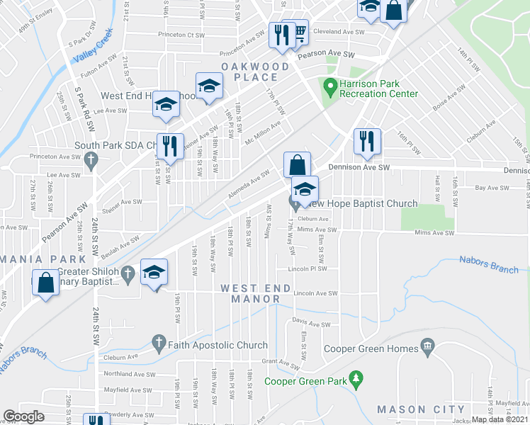 map of restaurants, bars, coffee shops, grocery stores, and more near 1213 Mims Street Southwest in Birmingham