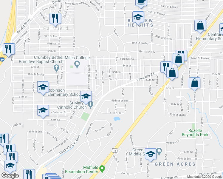 map of restaurants, bars, coffee shops, grocery stores, and more near 5709 Court H in Birmingham