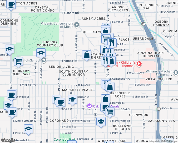 map of restaurants, bars, coffee shops, grocery stores, and more near 1410 East Windsor Avenue in Phoenix