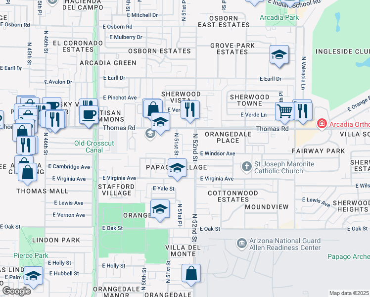 map of restaurants, bars, coffee shops, grocery stores, and more near 5118 East Windsor Avenue in Phoenix