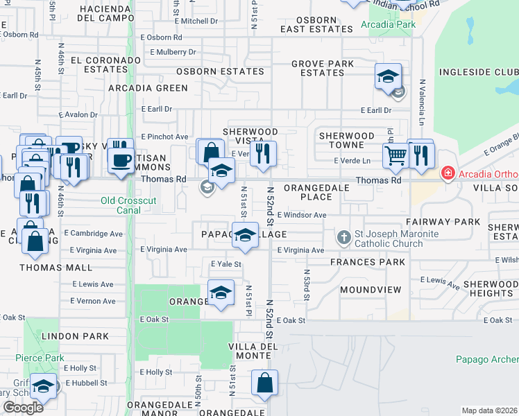 map of restaurants, bars, coffee shops, grocery stores, and more near 5118 East Windsor Avenue in Phoenix