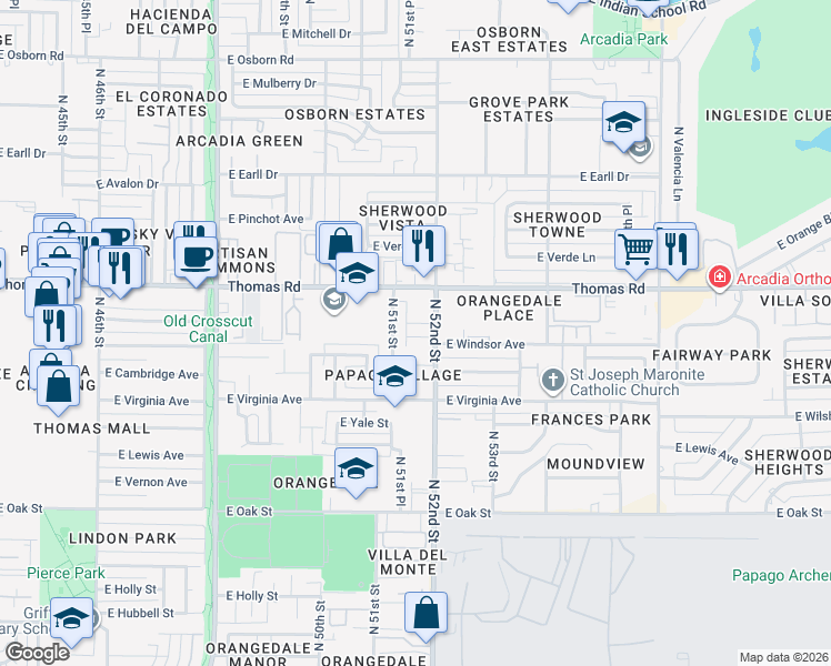 map of restaurants, bars, coffee shops, grocery stores, and more near 5118 East Windsor Avenue in Phoenix