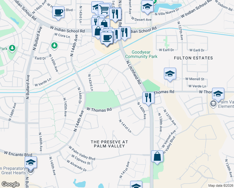 map of restaurants, bars, coffee shops, grocery stores, and more near 2914 North 141st Avenue in Goodyear