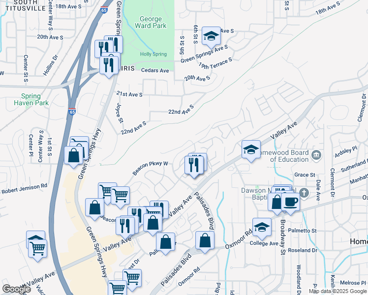 map of restaurants, bars, coffee shops, grocery stores, and more near 858 Beacon Parkway East in Birmingham