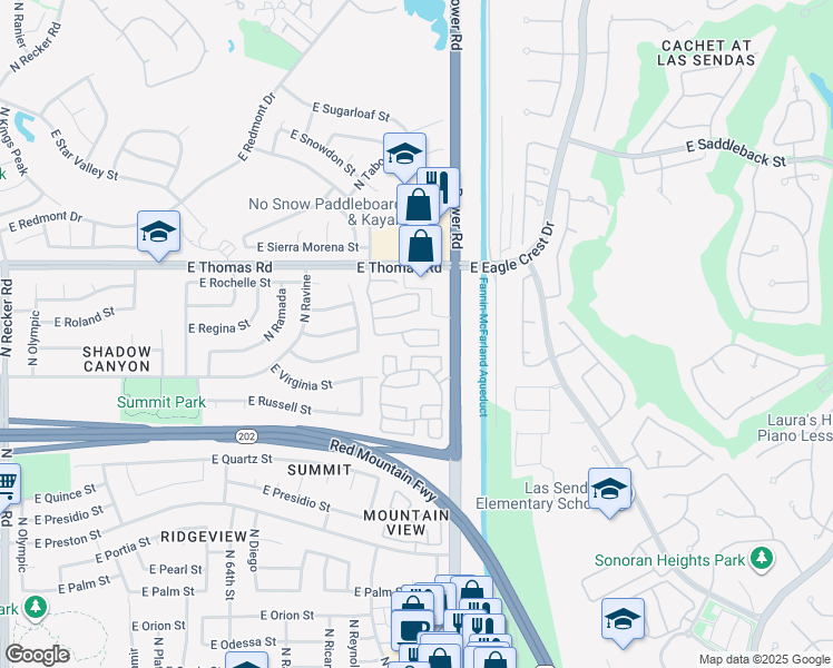 map of restaurants, bars, coffee shops, grocery stores, and more near 6717 East Regina Street in Mesa